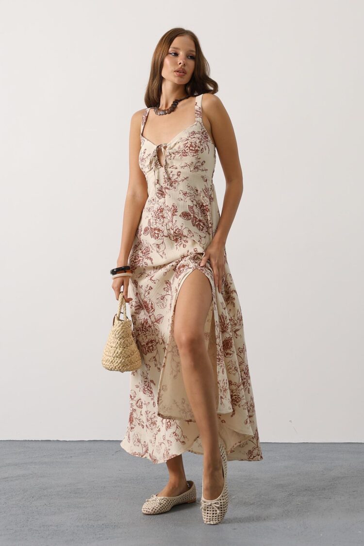 Beige Boho Slip Maxi Dress With Sweetheart Neck