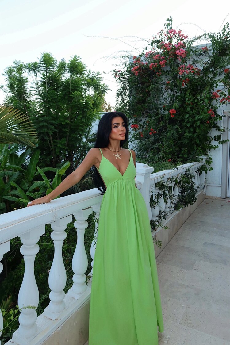 Green Sexy A-Line Dress With V-Neck And Cap Sleeves - Brand: EYYO ATELIER - Women & Kids, Baby Clothes Wholesale - Globality Store