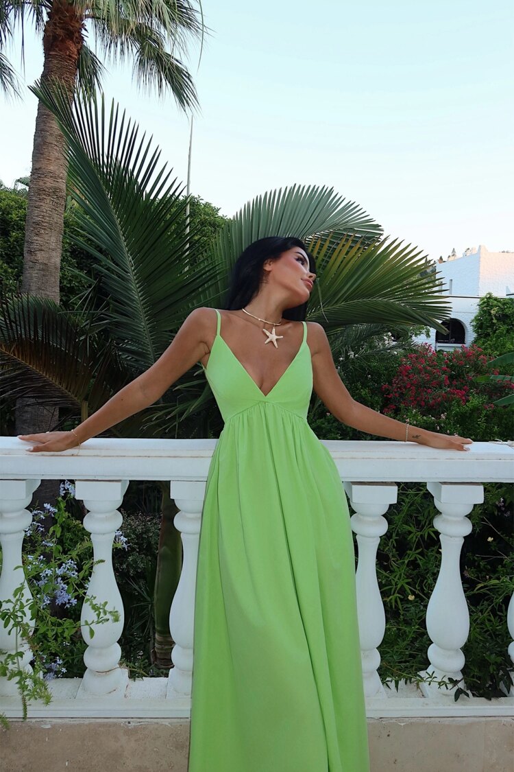 Green Sexy A-Line Dress With V-Neck And Cap Sleeves