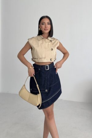 Blue Asymmetrical Mini Skirt With Buttoned Closure - Brand: XLove - Women & Kids, Baby Clothes Wholesale - Globality Store