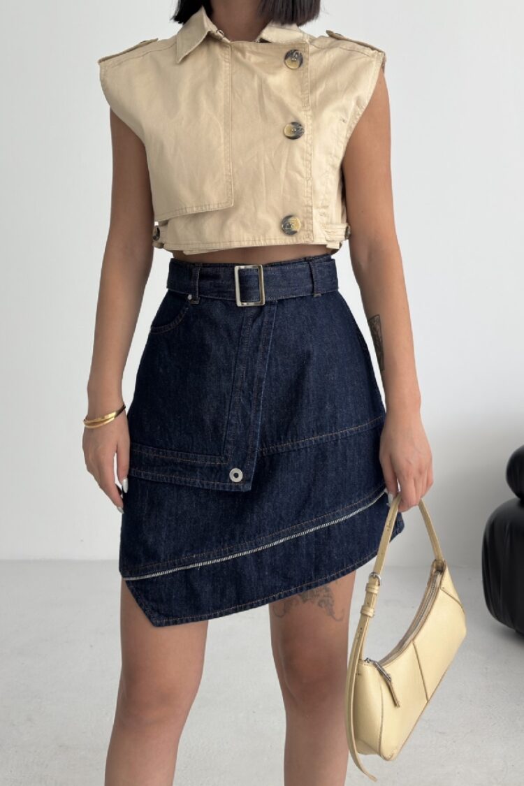 Blue Asymmetrical Mini Skirt With Buttoned Closure