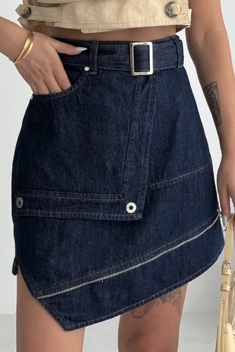 Blue Asymmetrical Mini Skirt With Buttoned Closure