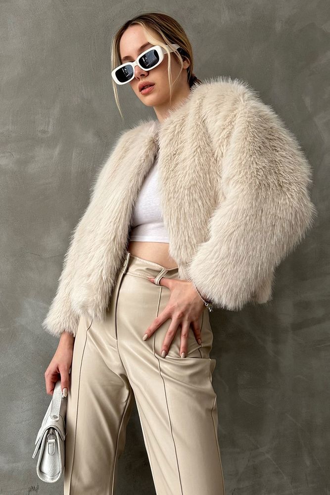 Beige Elegant Fur Jacket With Round Collar - Brand: Topshow - Women & Kids, Baby Clothes Wholesale - Globality Store
