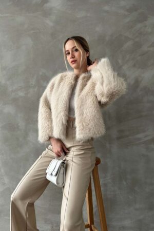 Beige Elegant Fur Jacket With Round Collar - Brand: Topshow - Women & Kids, Baby Clothes Wholesale - Globality Store