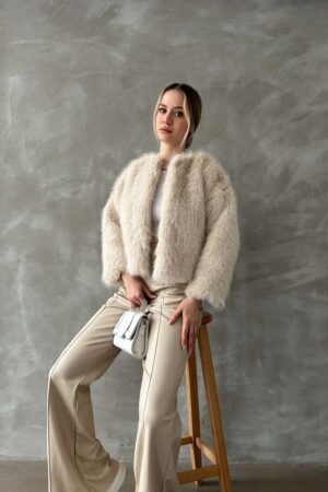Beige Elegant Fur Jacket With Round Collar - Brand: Topshow - Women & Kids, Baby Clothes Wholesale - Globality Store