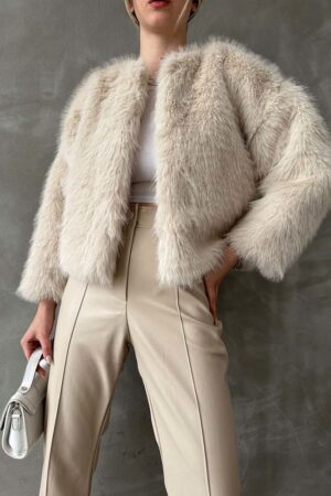 Beige Elegant Fur Jacket With Round Collar - Brand: Topshow - Women & Kids, Baby Clothes Wholesale - Globality Store