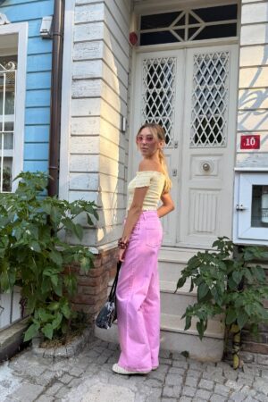Pink Mom Pants High Waist Wide Leg Buttoned - Brand: Levure - Women & Kids, Baby Clothes Wholesale - Globality Store