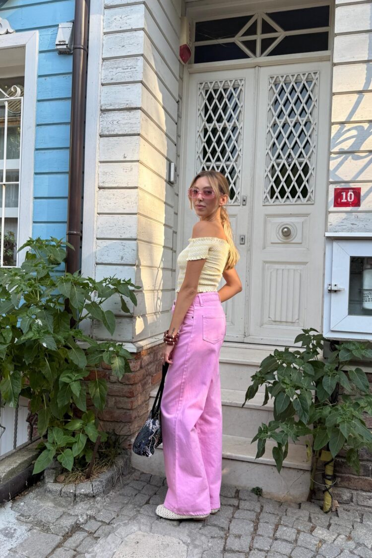 Pink Mom Pants High Waist Wide Leg Buttoned