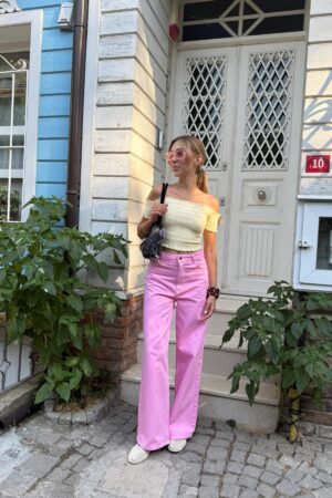 Pink Mom Pants High Waist Wide Leg Buttoned - Brand: Levure - Women & Kids, Baby Clothes Wholesale - Globality Store