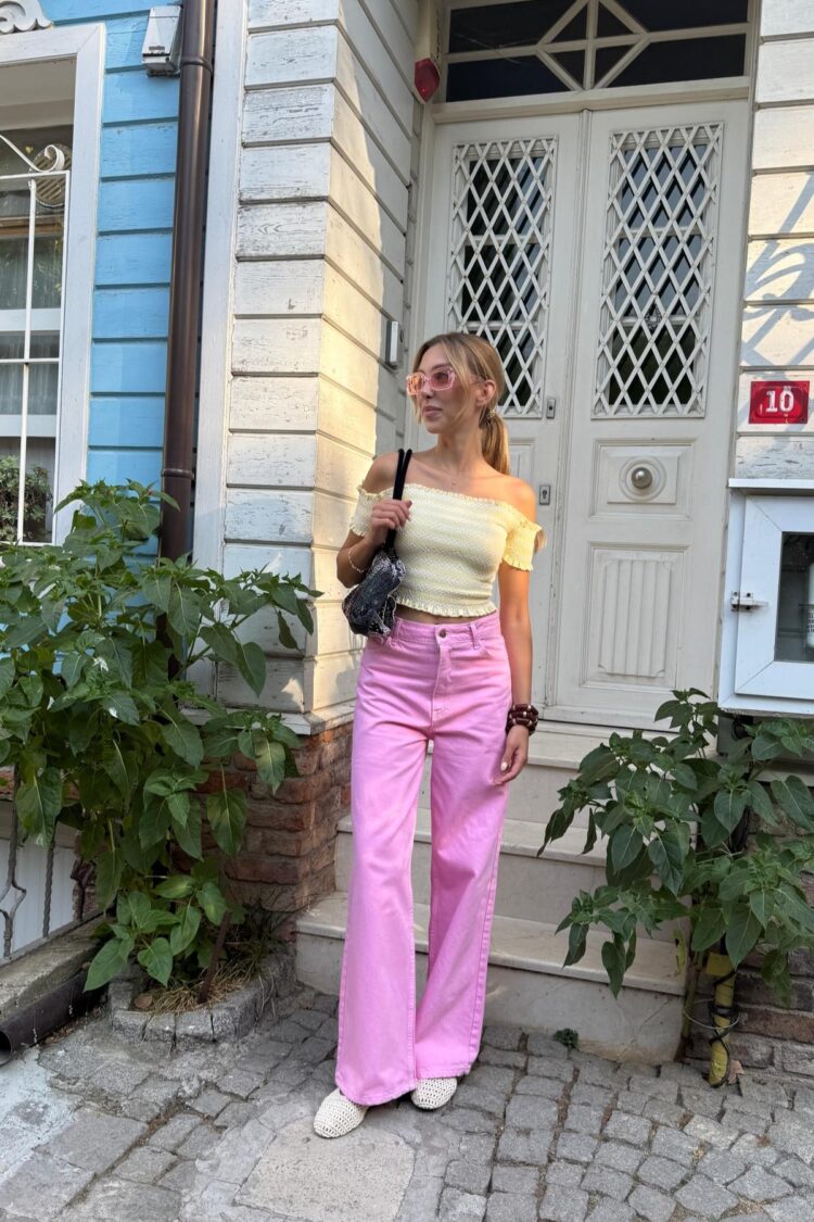 Pink Mom Pants High Waist Wide Leg Buttoned