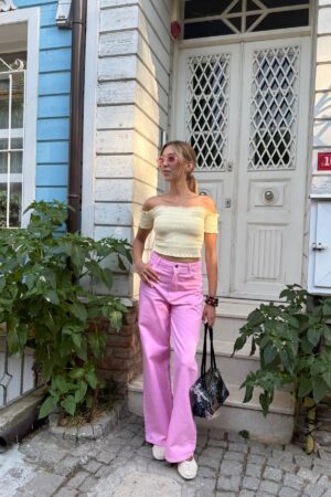 Pink Mom Pants High Waist Wide Leg Buttoned - Brand: Levure - Women & Kids, Baby Clothes Wholesale - Globality Store