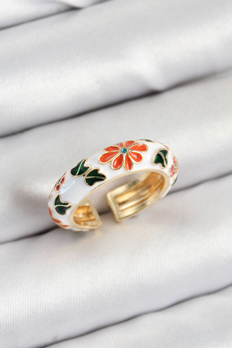 Gold Color Adjustable Women's Ring With Brass White Enamel Flower Motif - Brand: Ebijuteri - Women & Kids, Baby Clothes Wholesale - Globality Store