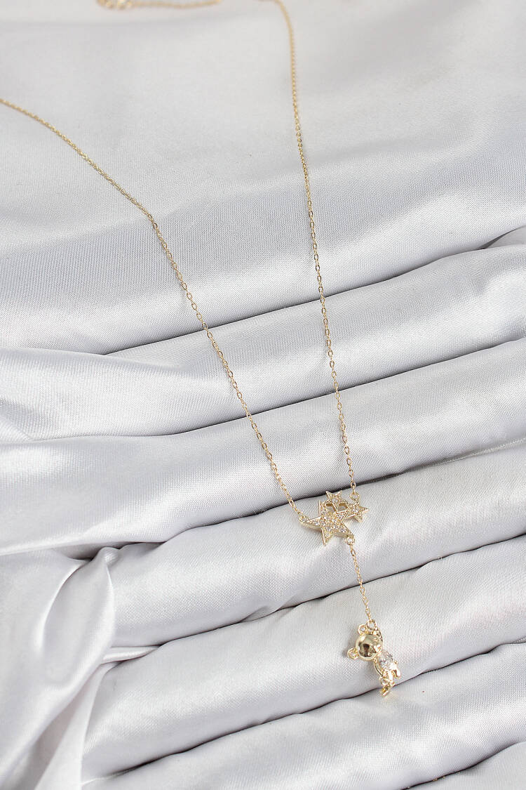 Brass Zircon Stone Rocking Bear Star Pattern Gold Color Women Necklace