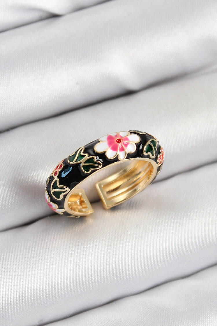 Gold Color Adjustable Women's Ring With Brass Black Enamel Flower Motif - Brand: Ebijuteri - Women & Kids, Baby Clothes Wholesale - Globality Store