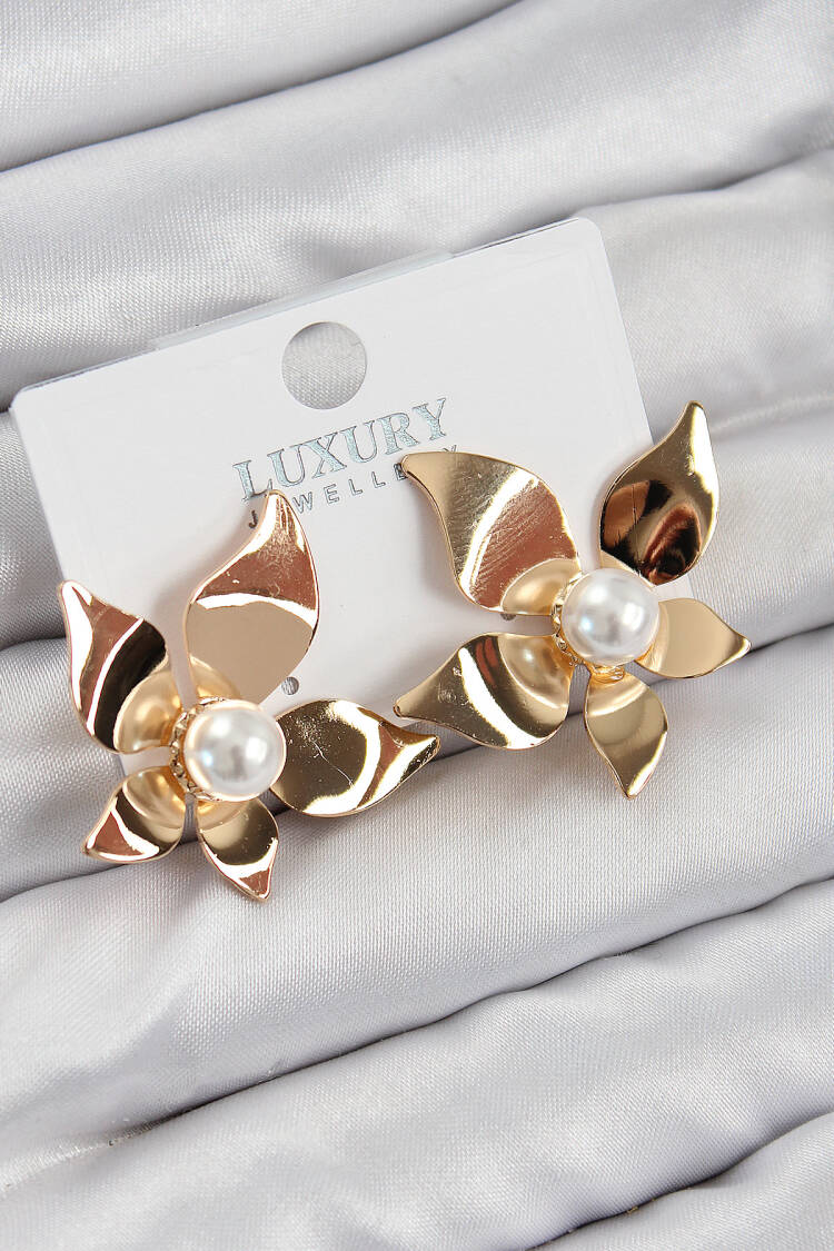 Brass Pearl Detailed Flower Pattern Gold Color Women's Earrings - Brand: Ebijuteri - Women & Kids, Baby Clothes Wholesale - Globality Store