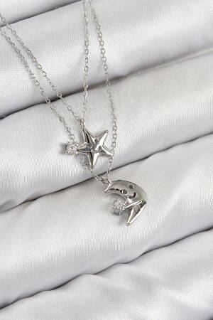 Brass Zircon Stone Star And Moon Pattern Silver Color Women Necklace - Brand: Ebijuteri - Women & Kids, Baby Clothes Wholesale - Globality Store