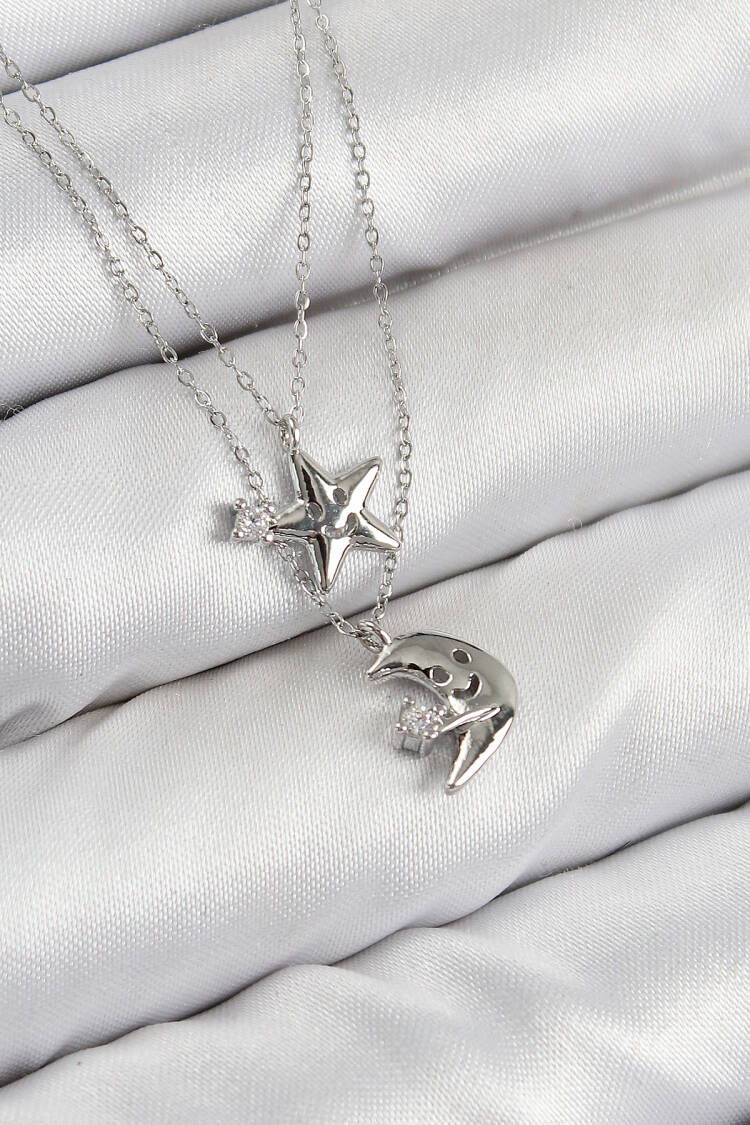 Brass Zircon Stone Star And Moon Pattern Silver Color Women Necklace - Brand: Ebijuteri - Women & Kids, Baby Clothes Wholesale - Globality Store