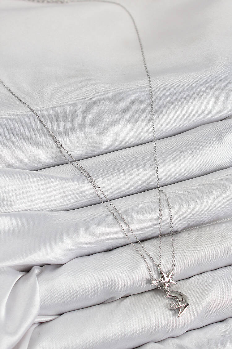 Brass Zircon Stone Star And Moon Pattern Silver Color Women Necklace