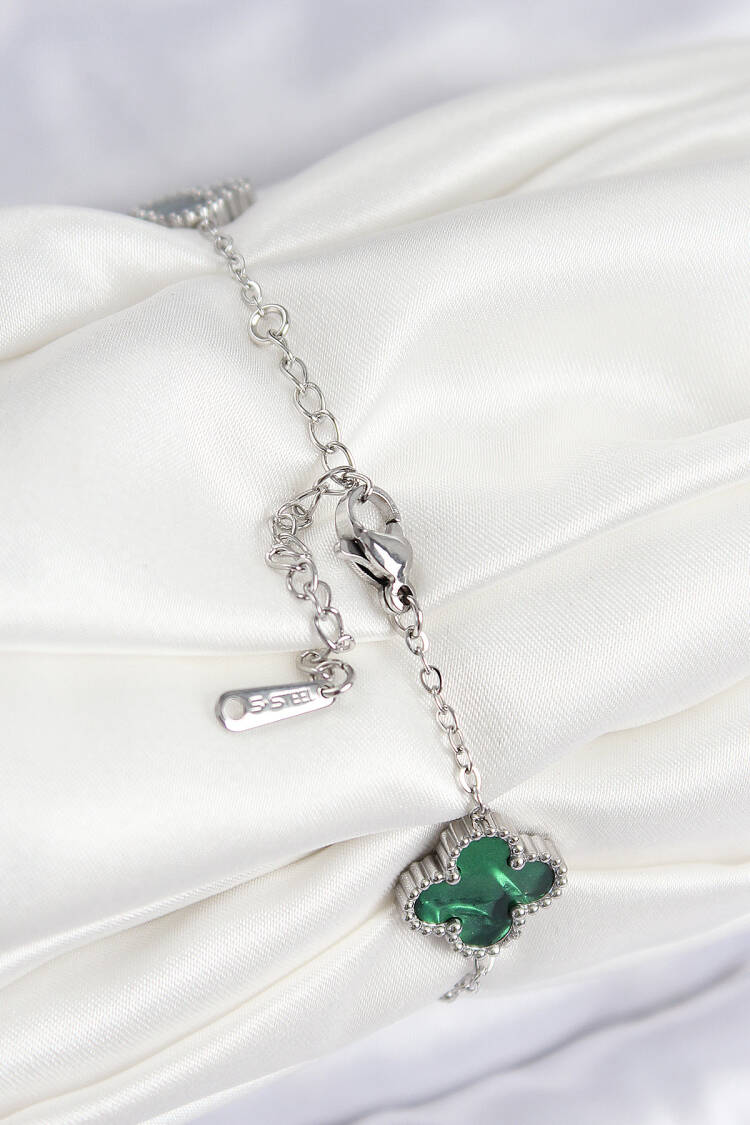 316l Steel Pearlescent Emerald Green Silver Color Clover Women Bracelet