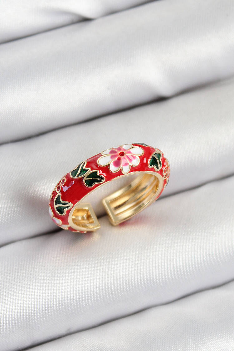 Gold Color Adjustable Women Ring With Brass Red Enamel Flower Motif - Brand: Ebijuteri - Women & Kids, Baby Clothes Wholesale - Globality Store