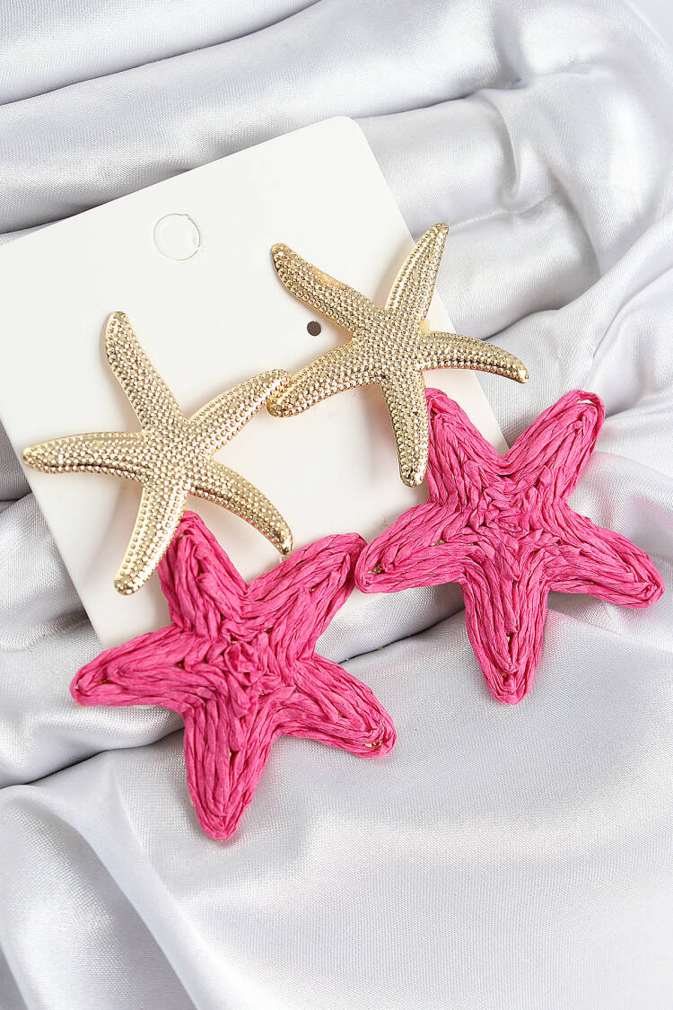 Brass Swinging Pink Starfish Model Gold Color Straw Earrings - Brand: Ebijuteri - Women & Kids, Baby Clothes Wholesale - Globality Store