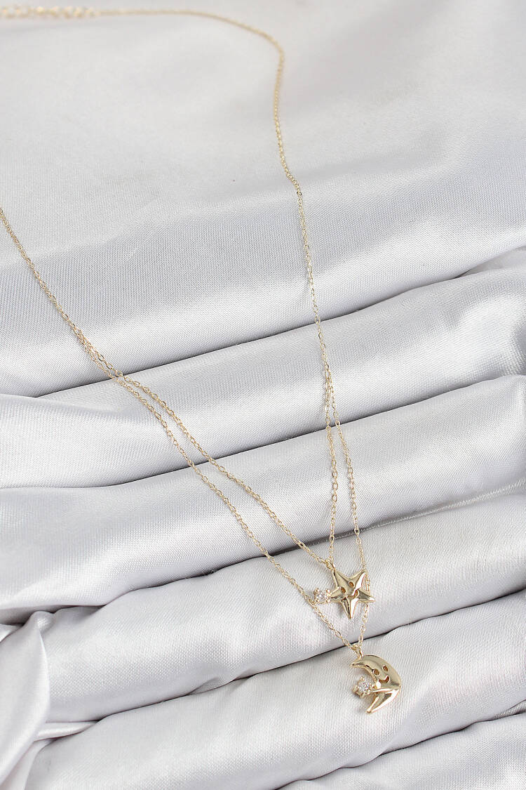 Brass Zircon Stone Star And Moon Pattern Gold Color Women Necklace