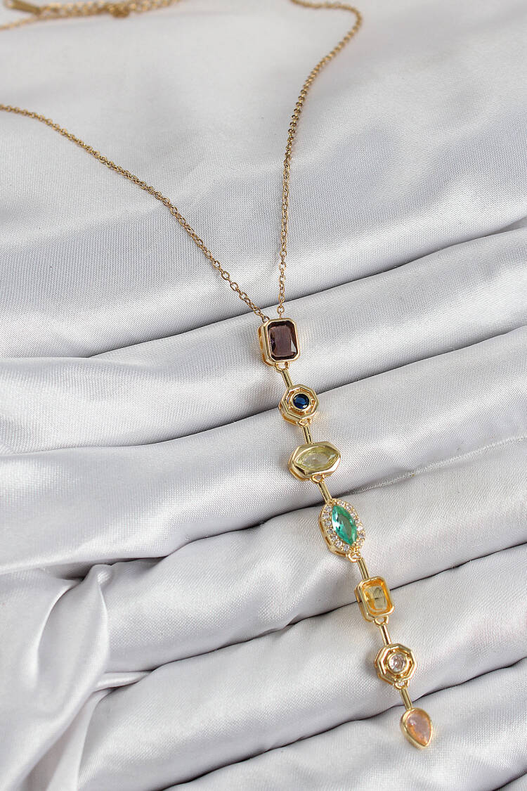 Brass Color Zircon Stone Pattern Gold Color Women Y Necklace
