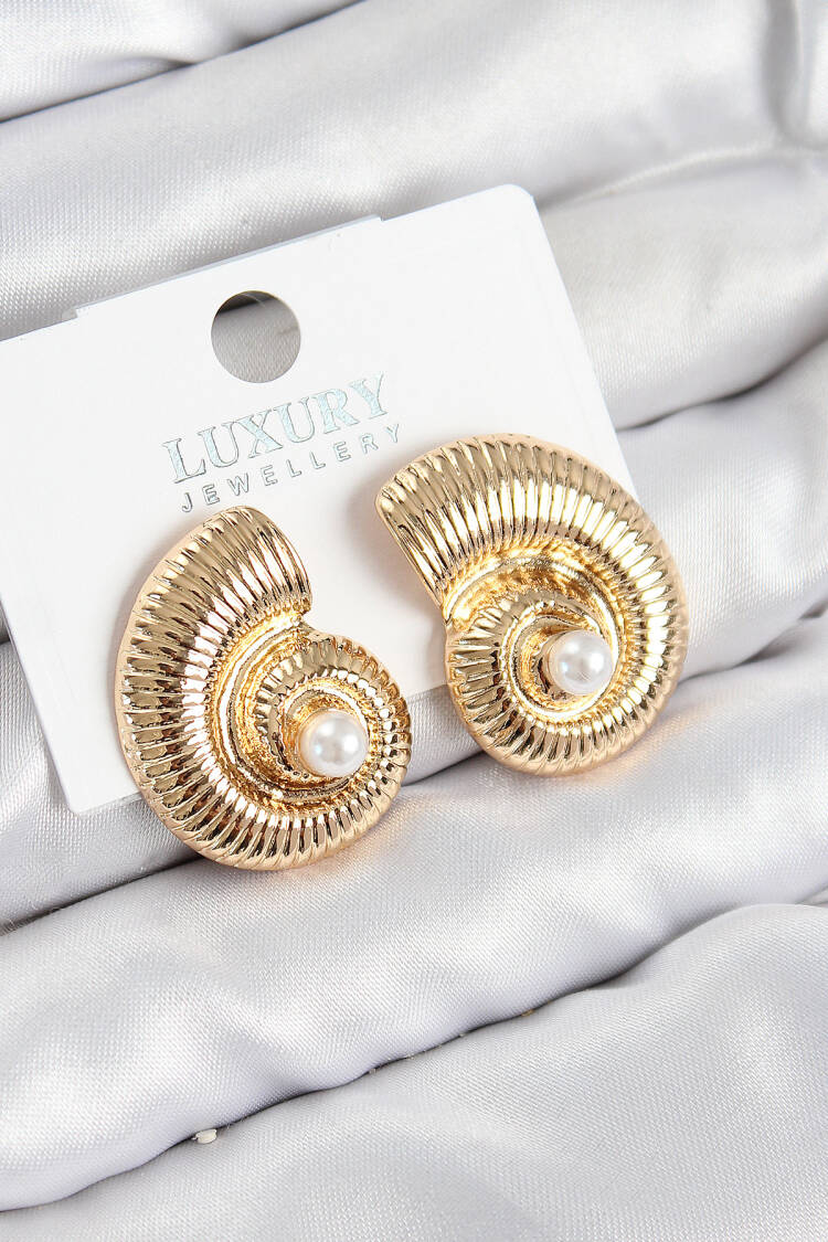 Brass Pearl Detailed Swirl Model Gold Color Women's Earrings - Brand: Ebijuteri - Women & Kids, Baby Clothes Wholesale - Globality Store