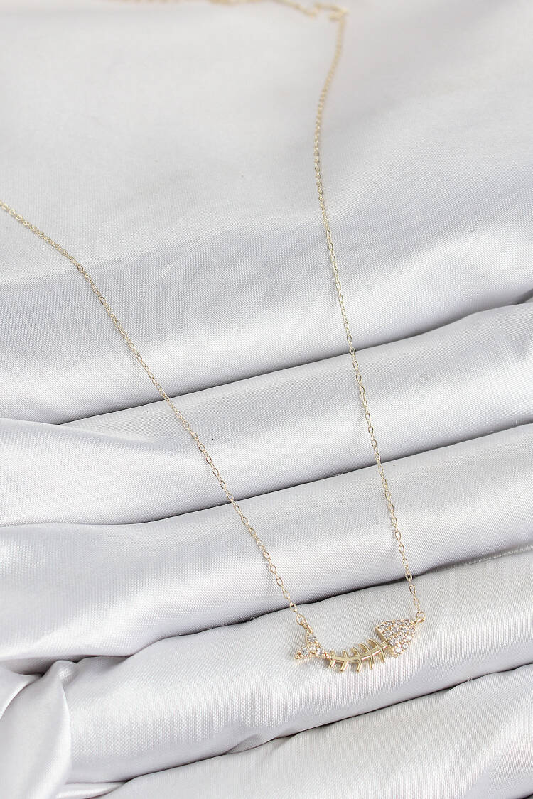 Brass Zircon Stone Fishbone Model Gold Color Women Necklace