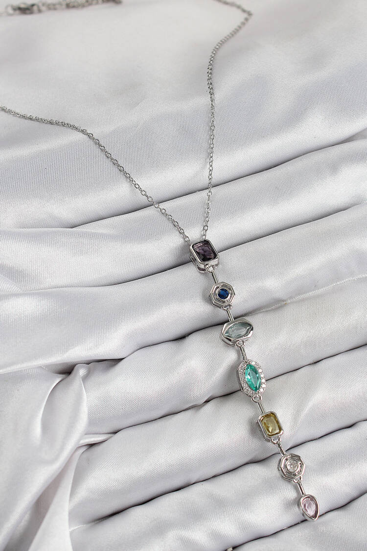 Brass Color Zircon Stone Pattern Silver Color Women Y Necklace