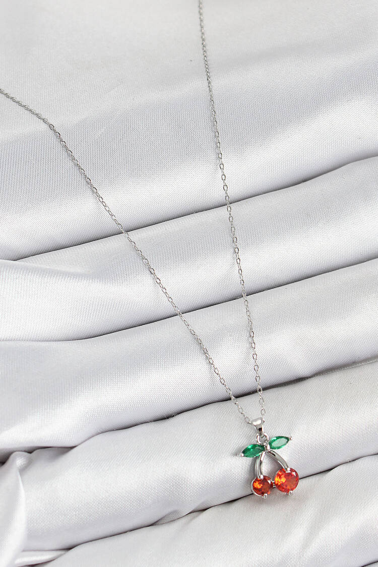 Brass Zircon Stone Cherry Pattern Silver Color Women Necklace