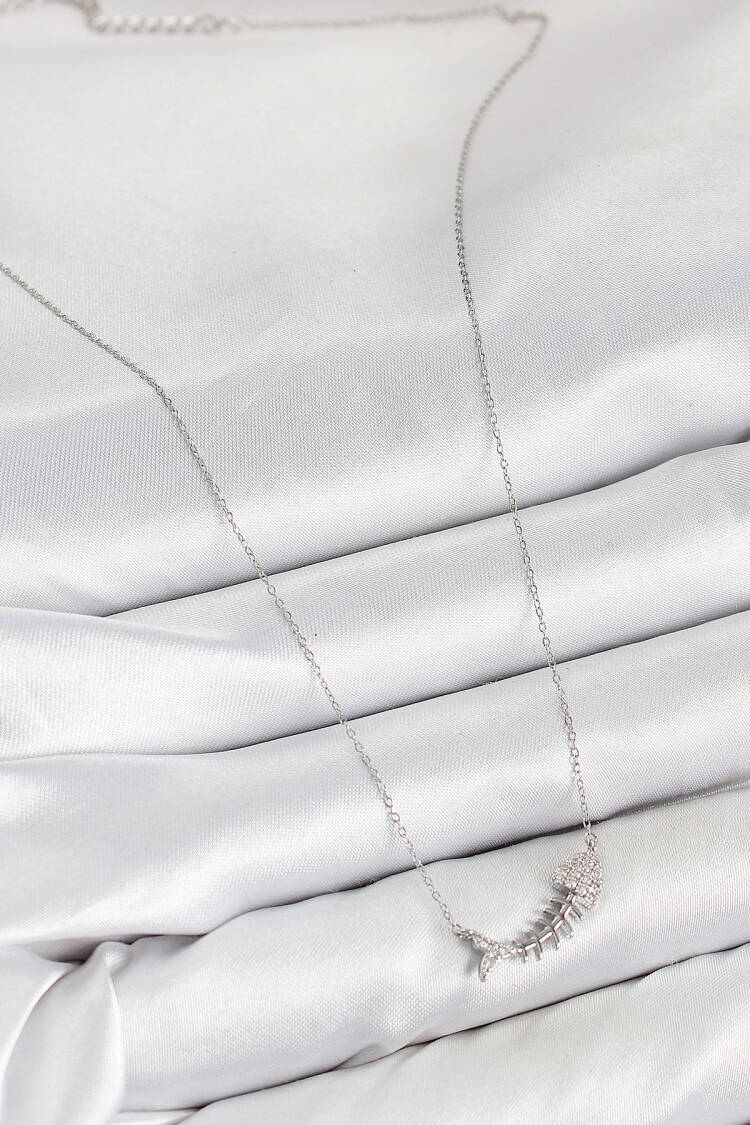 Brass Zircon Stone Fishbone Pattern Silver Color Women Necklace