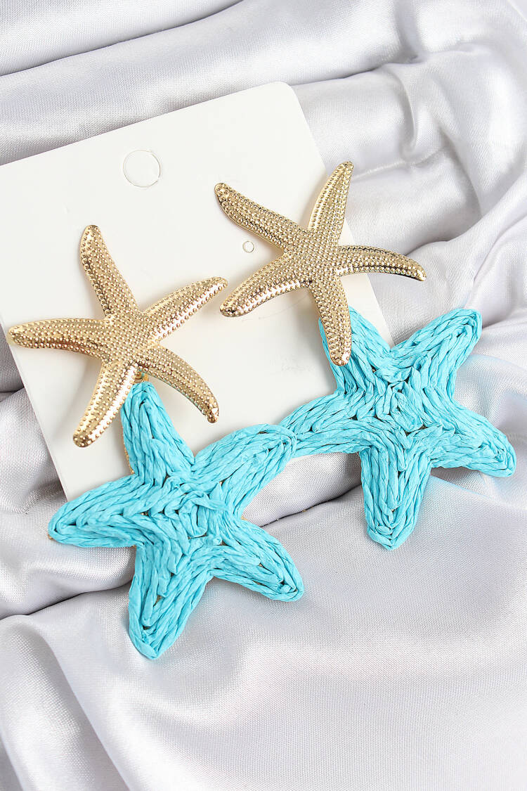 Brass Swinging Turquoise Starfish Model Gold Color Straw Earrings - Brand: Ebijuteri - Women & Kids, Baby Clothes Wholesale - Globality Store
