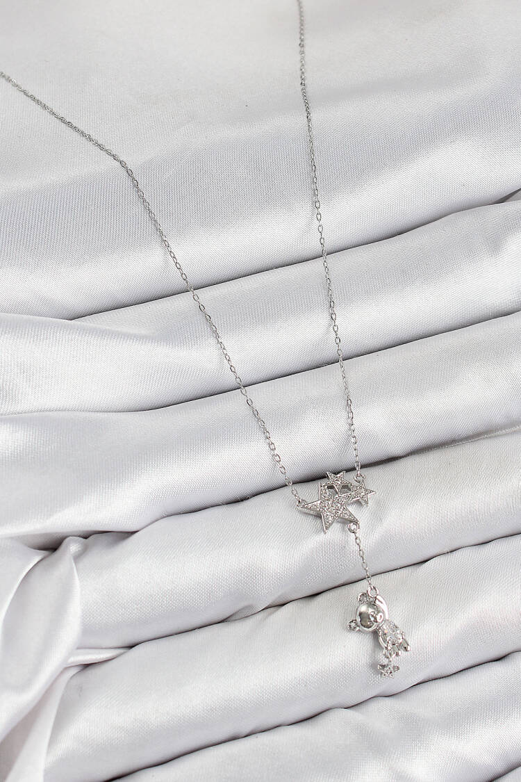 Brass Zircon Stone Rocking Bear Star Pattern Silver Color Women Necklace