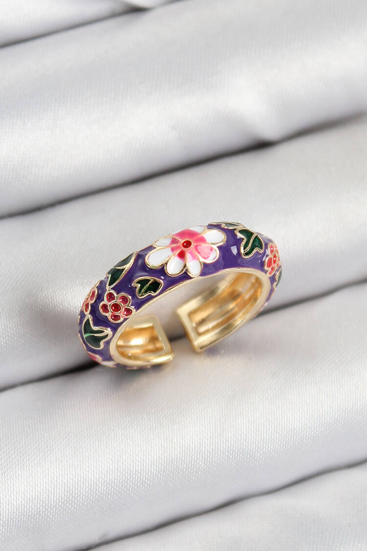 Gold Color Adjustable Women's Ring With Brass Purple Enamel Flower Motif - Brand: Ebijuteri - Women & Kids, Baby Clothes Wholesale - Globality Store