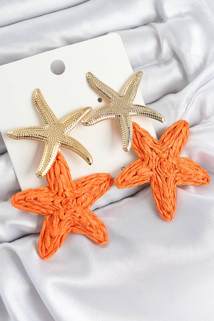 Brass Swinging Orange Starfish Model Gold Color Straw Earrings - Brand: Ebijuteri - Women & Kids, Baby Clothes Wholesale - Globality Store
