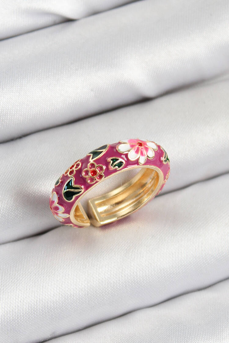 Gold Color Adjustable Women's Ring With Brass Fuchsia Enamel Flower Motif - Brand: Ebijuteri - Women & Kids, Baby Clothes Wholesale - Globality Store