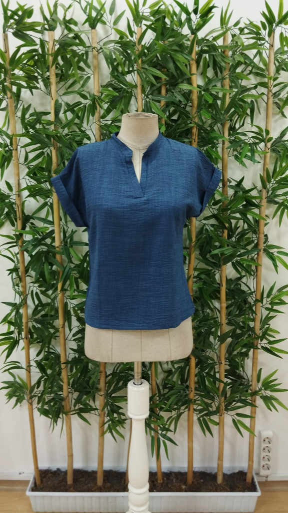 Blue Blouse With Grandad Neck And Cap Sleeves