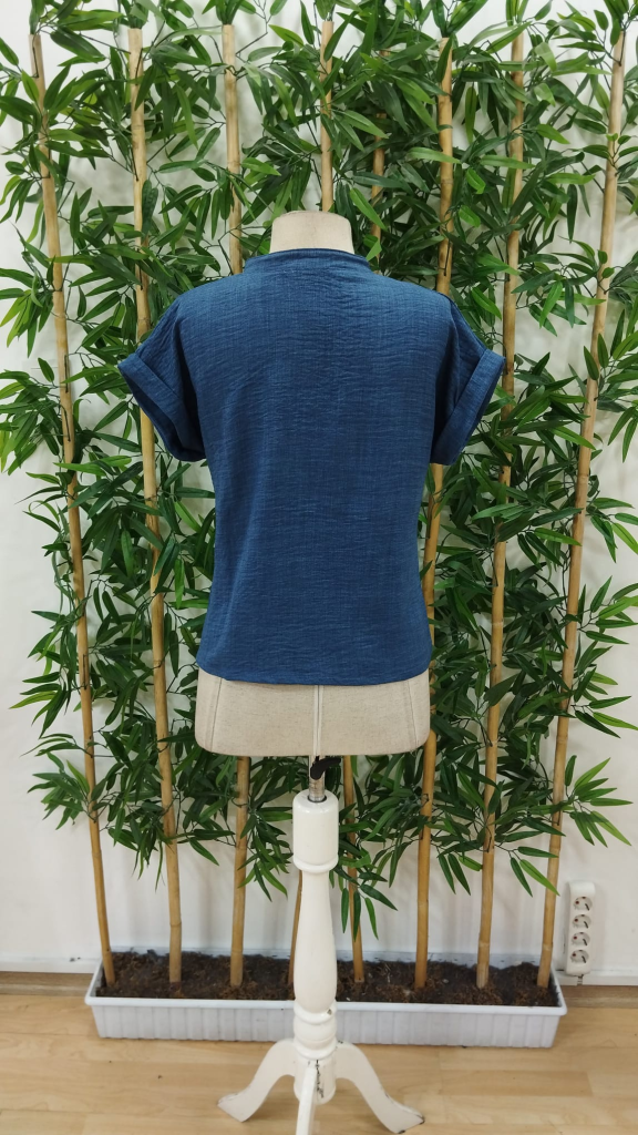 Blue Blouse With Grandad Neck And Cap Sleeves
