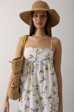 White Floral Slip Dress Maxi With Square Neck - Brand: Reyon - Women & Kids, Baby Clothes Wholesale - Globality Store