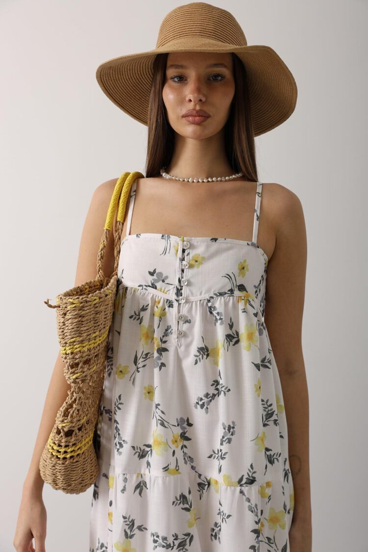 White Floral Slip Dress Maxi With Square Neck