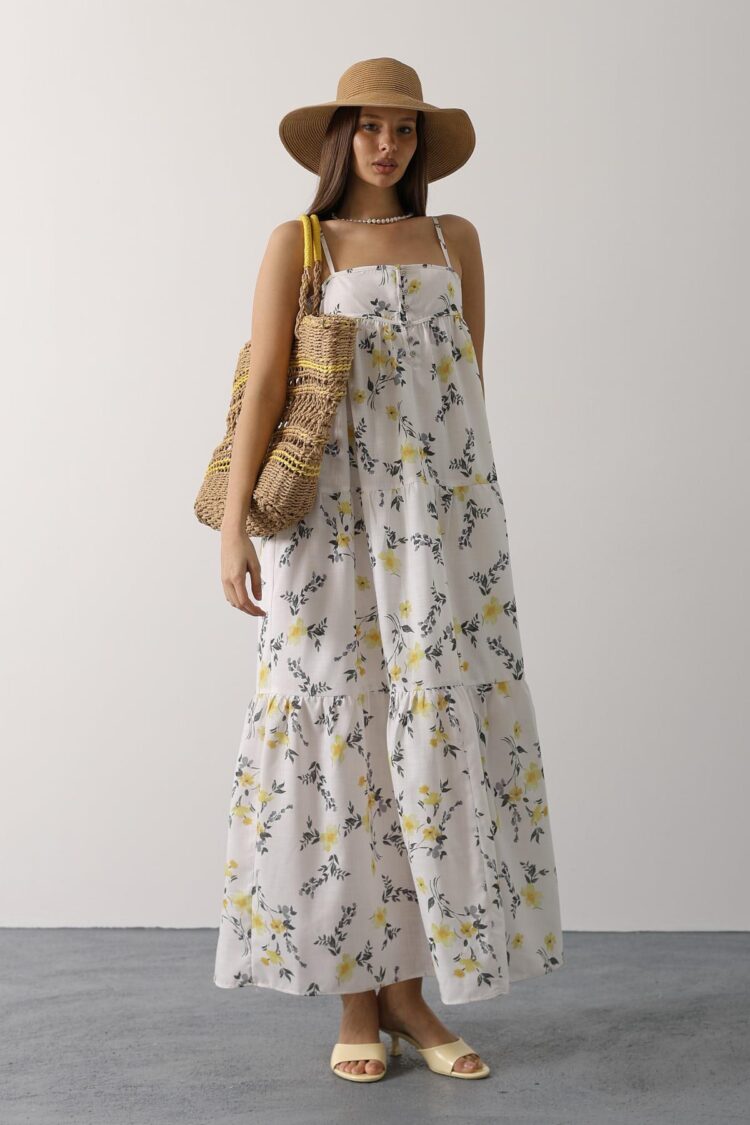 White Floral Slip Dress Maxi With Square Neck