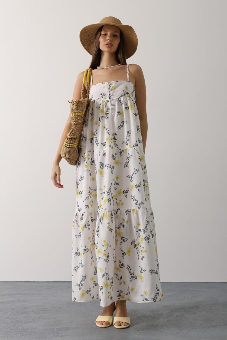 White Floral Slip Dress Maxi With Square Neck