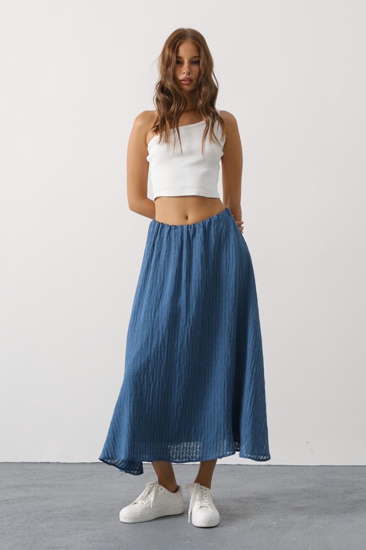 Blue Flared Maxi Skirt With Mid Waist