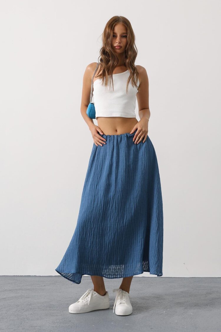 Blue Flared Maxi Skirt With Mid Waist