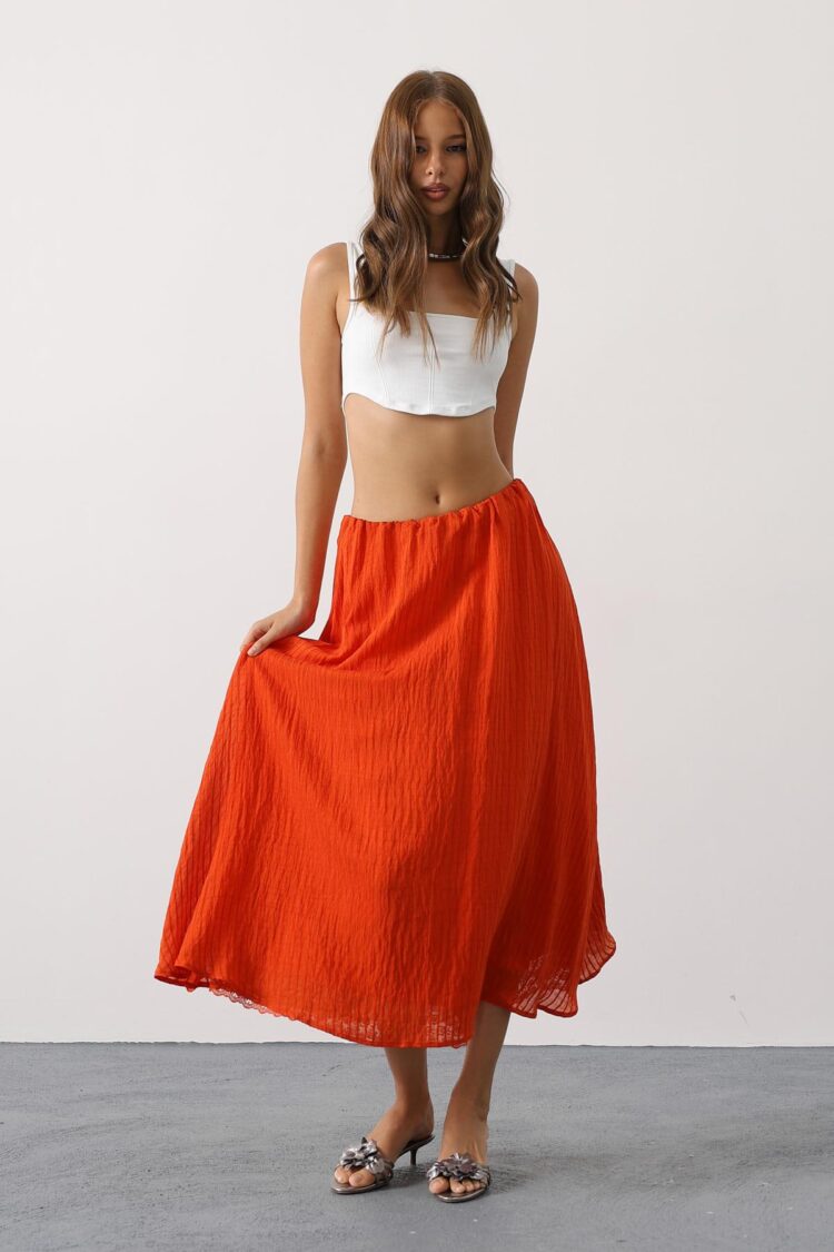 Orange Flared Maxi Skirt With Mid Waist