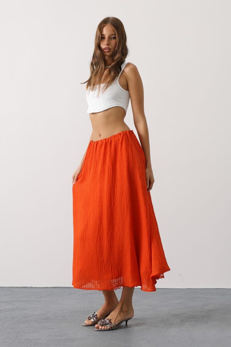 Orange Flared Maxi Skirt With Mid Waist
