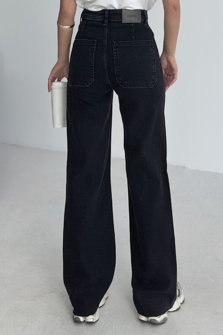 Black Mom Jeans High Waist Wide Leg Buttoned
