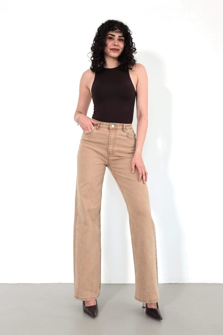 Beige Jeans High Waist Wide Leg Mom Fit