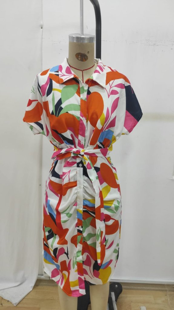 Mix Color Shirt Dress With Notched Neck